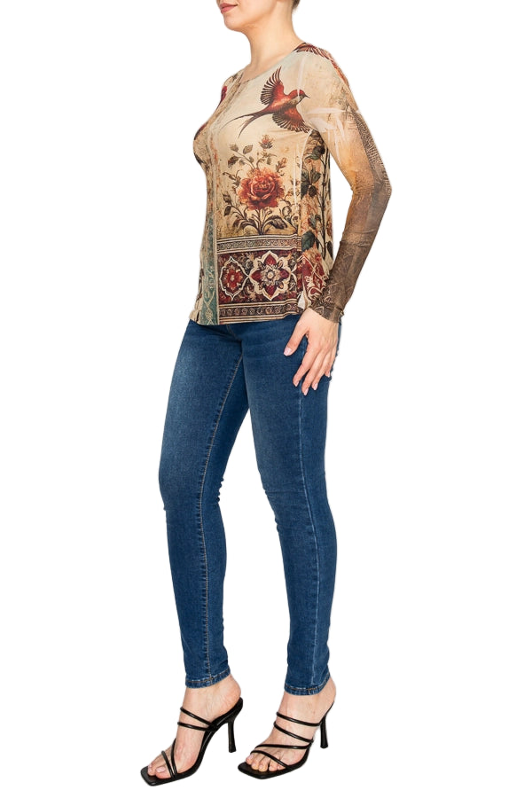 Vintage Bird Sheer Floral Lace Mesh Long Sleeve Top - Ships Late September