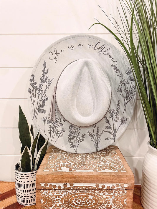 She Is A Wildflower Floral Burned Hat, Floral Engraved Cowboy Hat, Sunflower Hat, Sunflower Burned Fedora, Engraved Suede Hat, Boho Hat, Vegan Suede