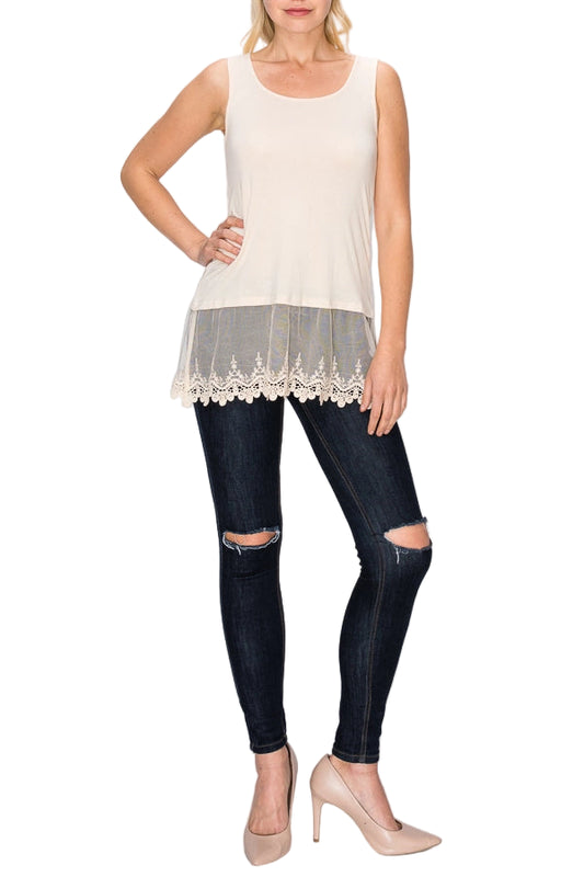 Soft Relaxed Tank with Delicate Floral Laced Hem - Ships Late September