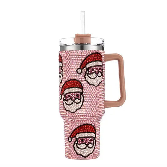 40oz Rhinestone Stainless Steel Insulated Travel Tumbler with Handle - Pink Santa Clause