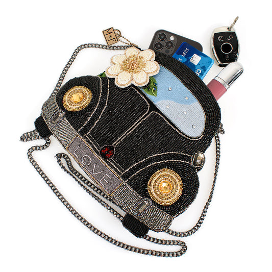 Mary Frances - On the Road Black Car White Flower Beaded Crossbody Handbag