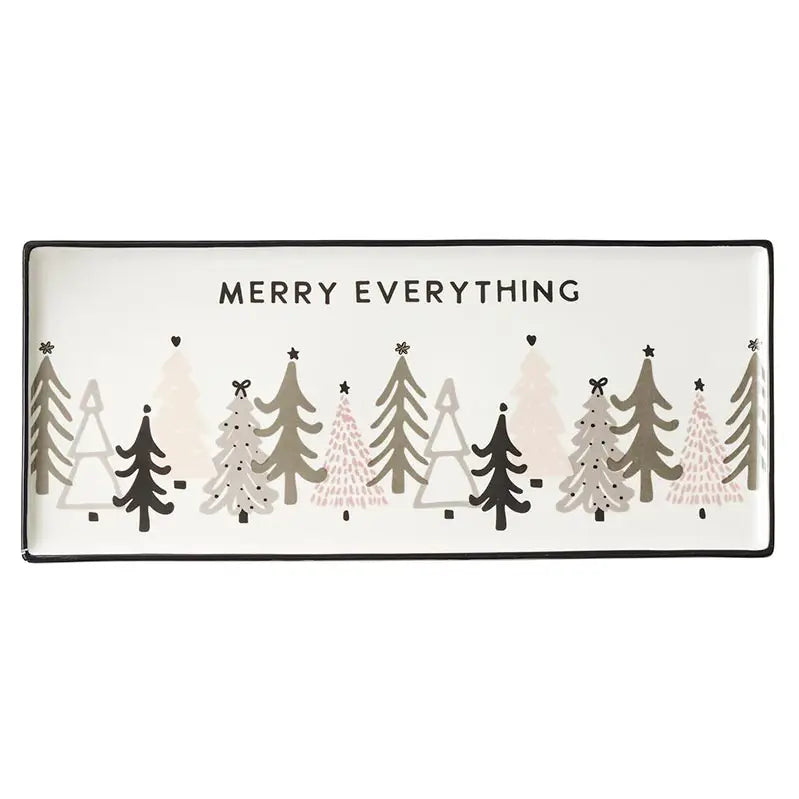 White rectangular ceramic tray with black border and 'Merry Everything' text above a festive Christmas tree forest design in gray, blush and black – Bliss by Cori