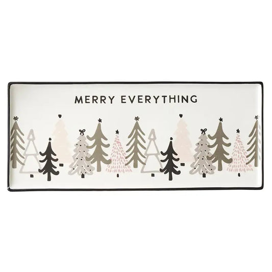 White rectangular ceramic tray with black border and 'Merry Everything' text above a festive Christmas tree forest design in gray, blush and black – Bliss by Cori