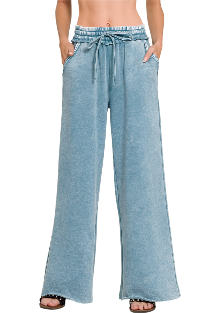 Acid Mineral Washed Fleece Palazzo Pants with Pockets