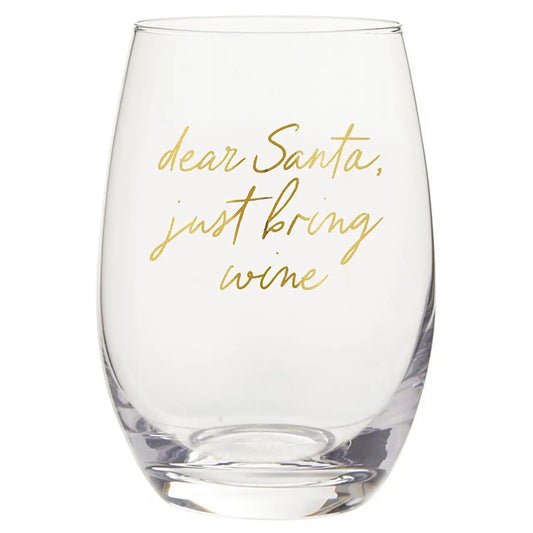 Clear stemless wine glass with dear Santa just bring wine gold foil script lettering on white background – Bliss by Cori