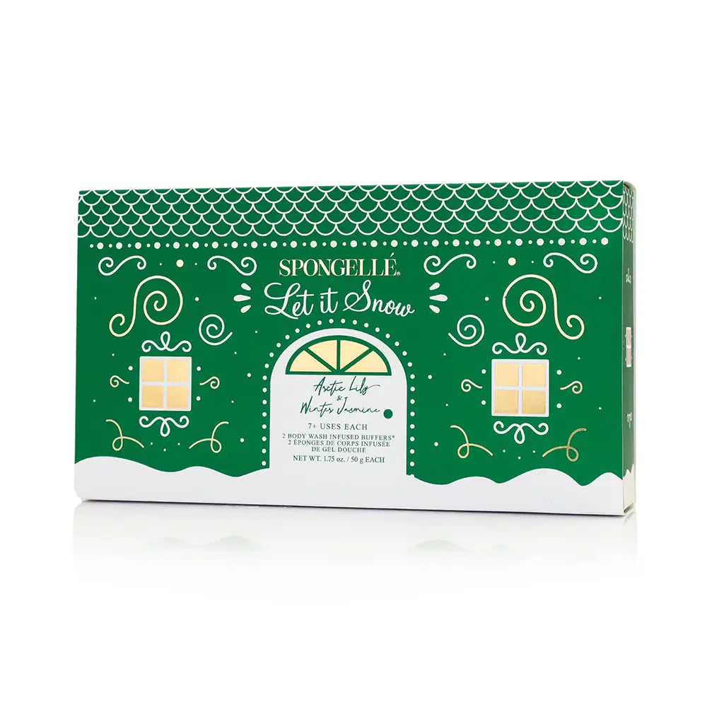 Spongellé Let It Snow green gift box exterior with white Let It Snow lettering and gold details — Bliss by Cori Boutique