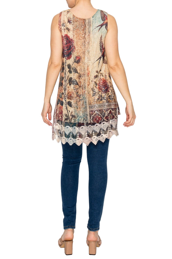 Vintage Bird Inspired Lace Tunic Top with Embroidered Hem - Ships Late September