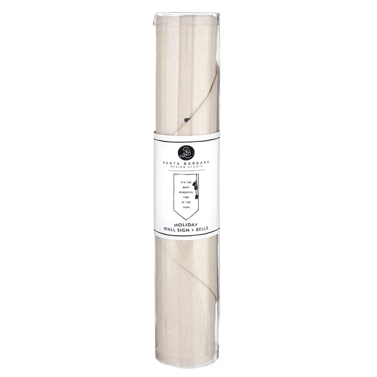Santa Barbara Design Studio It's the Most Wonderful Time of the Year holiday wall sign with bells rolled in clear plastic tube packaging with white label on white background – Bliss by Cori