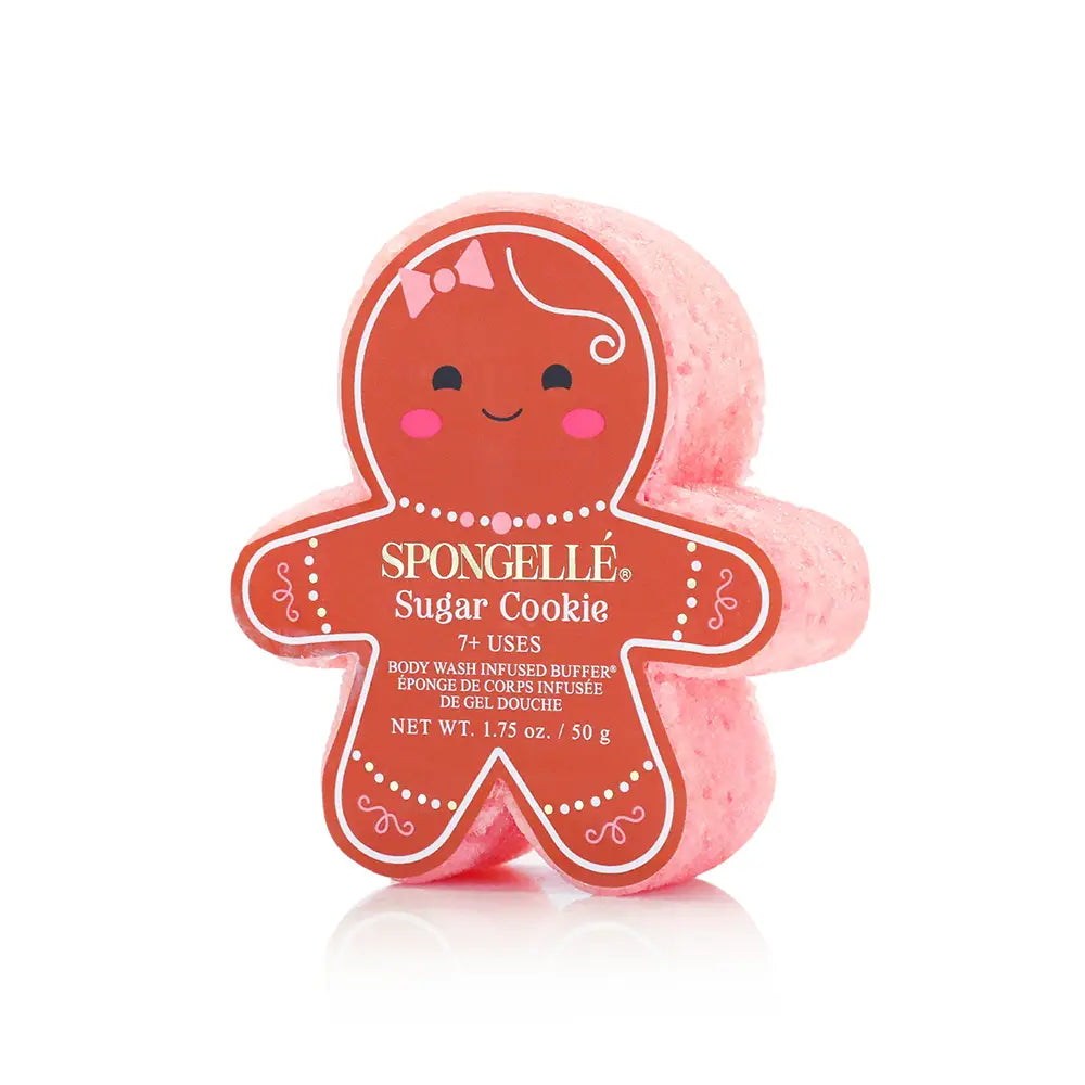 Spongellé Sugar Cookie gingerbread girl-shaped body buffer on white background showing pink sponge detail — Bliss by Cori Boutique