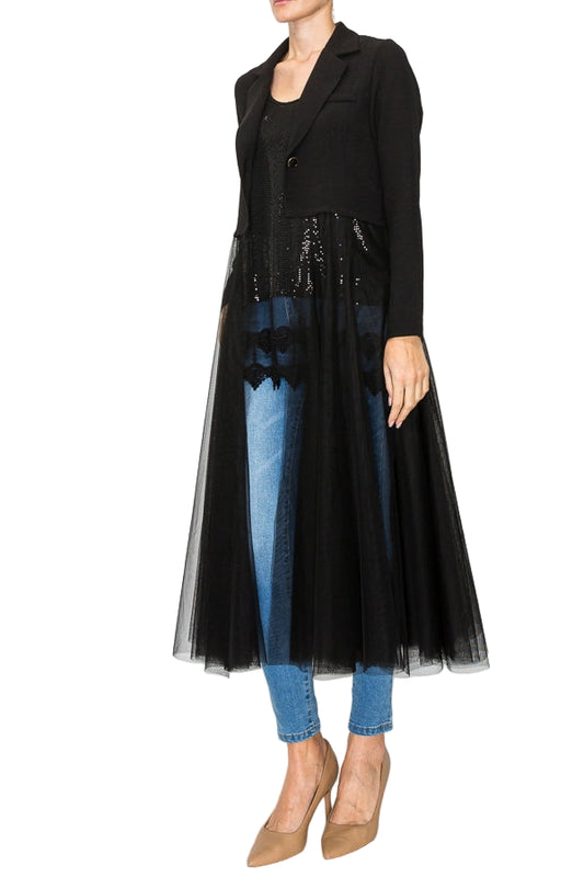 Black Contrast Longline Blazer Jacket with Mesh Tulle Panel - Ships Late September