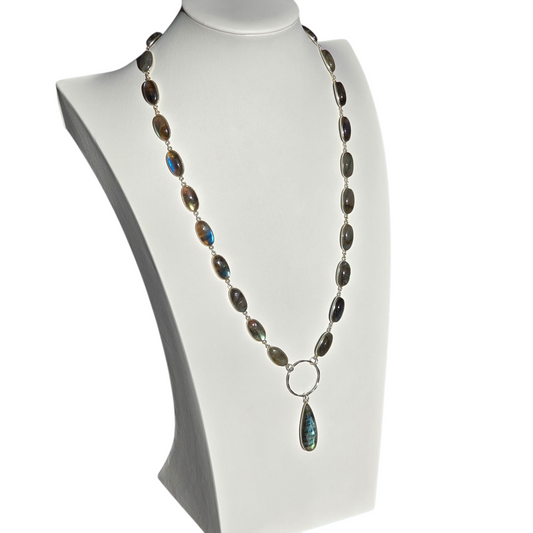 Flashy Blue Labradorite Bezel Teardrop Necklace