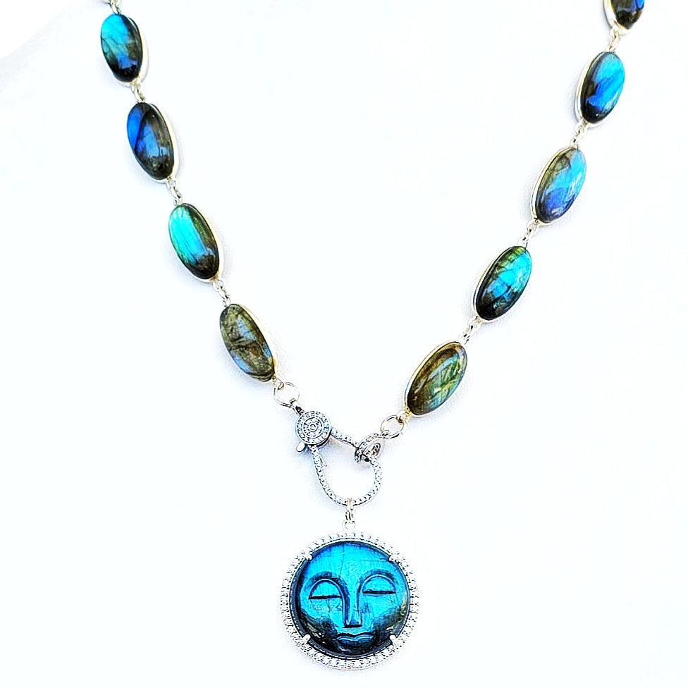 Flashy Blue Labradorite & Sterling Silver Carved Moon Face Necklace & Matching Bracelet Set