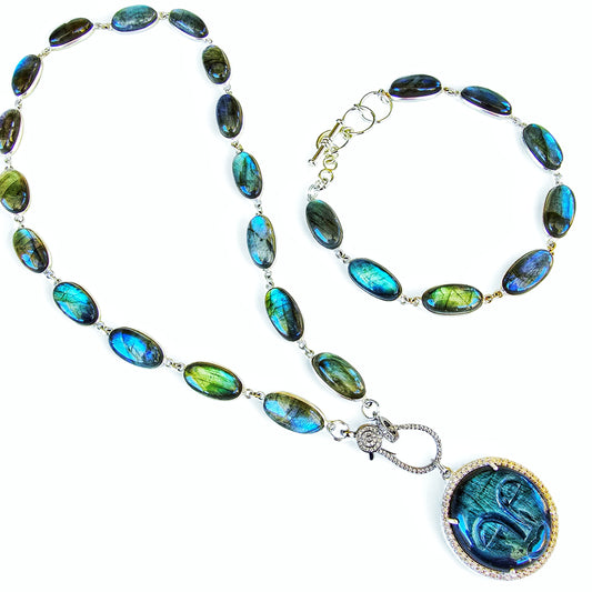 Flashy Blue Labradorite & Sterling Silver Carved Moon Face Necklace & Matching Bracelet Set