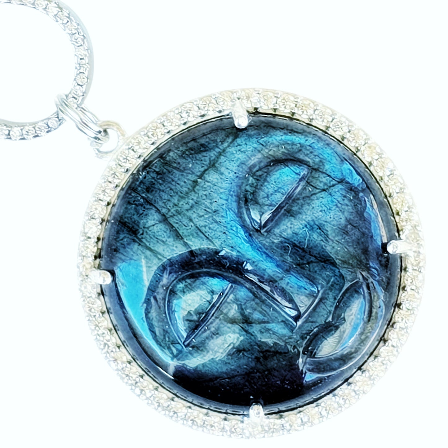 Flashy Blue Labradorite & Sterling Silver Carved Moon Face Necklace & Matching Bracelet Set