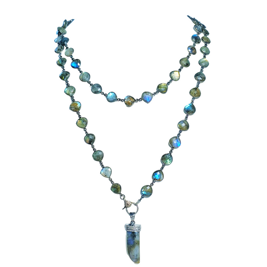 Flashy Blue Labradorite & Genuine Diamond Horn Necklace