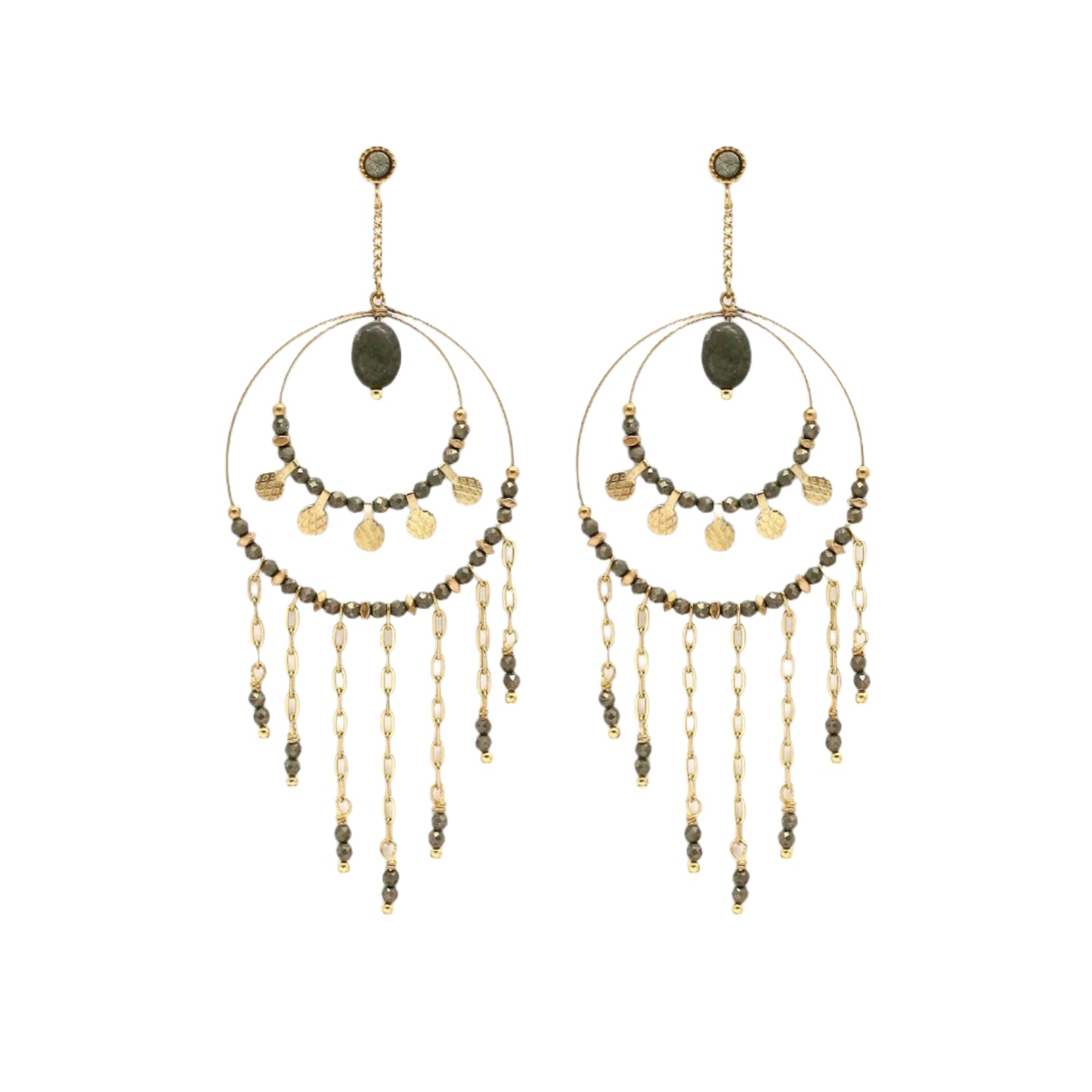 Unique Double Hoop Pyrite Stone Dangle Earrings