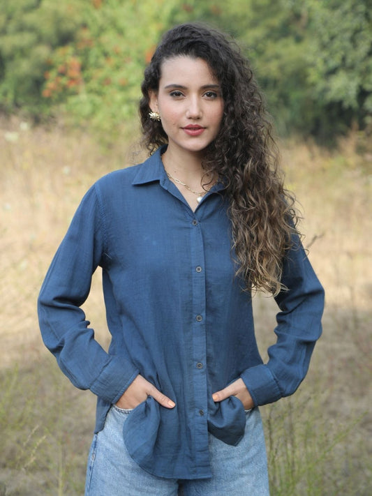 Heart Typography Embroidered Shirt – Indigo Blue Double Gauze Cotton
