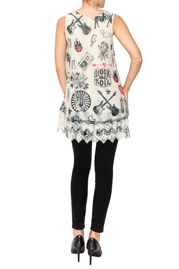 Rock And Roll Soft Relaxed Tank with Delicate Floral Laced Hem - Ships Late September