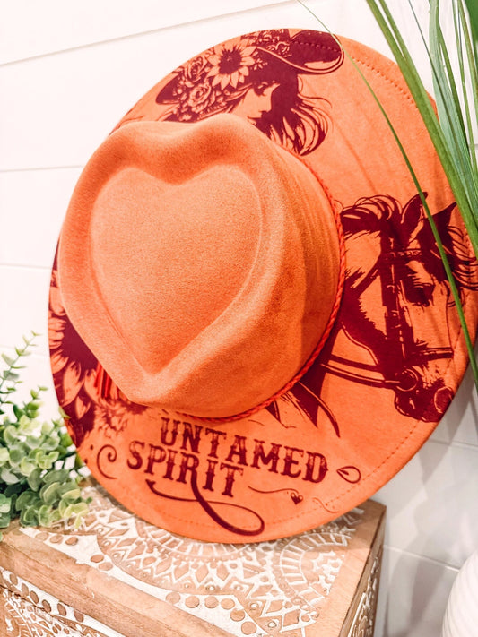 Untamed Spirit Engraved Heart Hat, Floral Engraved Cowboy Hat, Burned Fedora, Engraved Suede Hat, Boho Hat, Vegan Suede Cowboy Hat, Women's Cowboy Hat