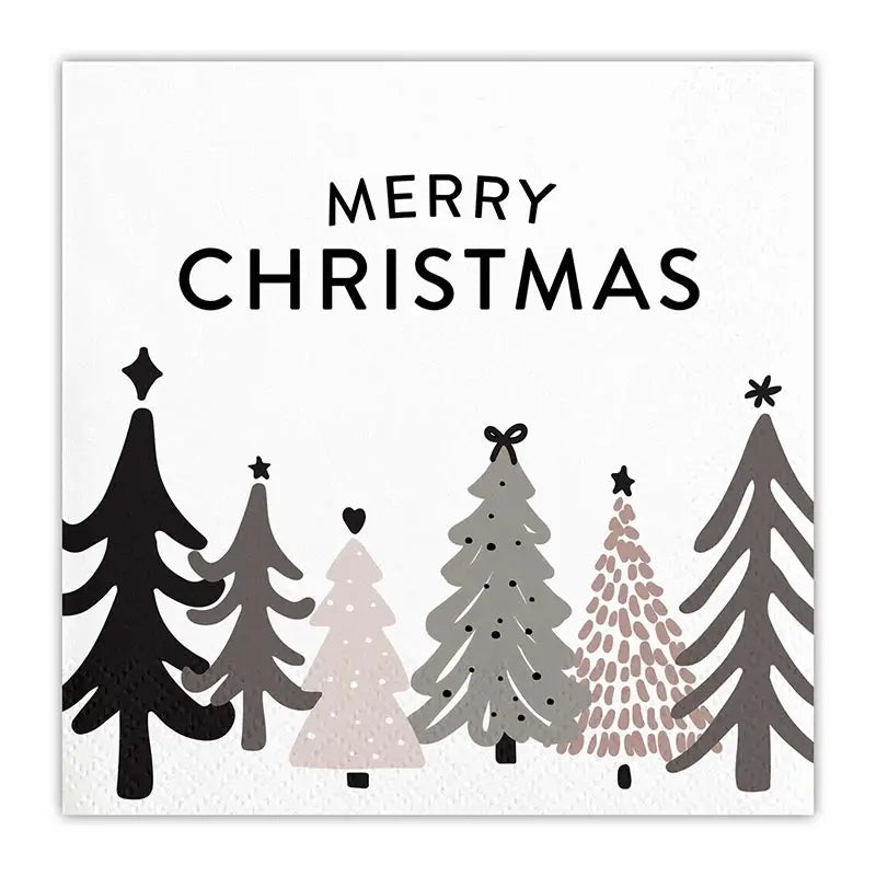 White paper cocktail napkin with bold Merry Christmas text above a row of assorted black, gray and blush Christmas trees in modern minimalist style – Bliss by Cori