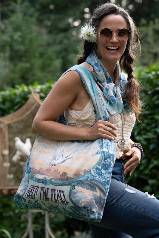 Peace Out Turquoise Linen Tote Bag with Doves and Sunrise