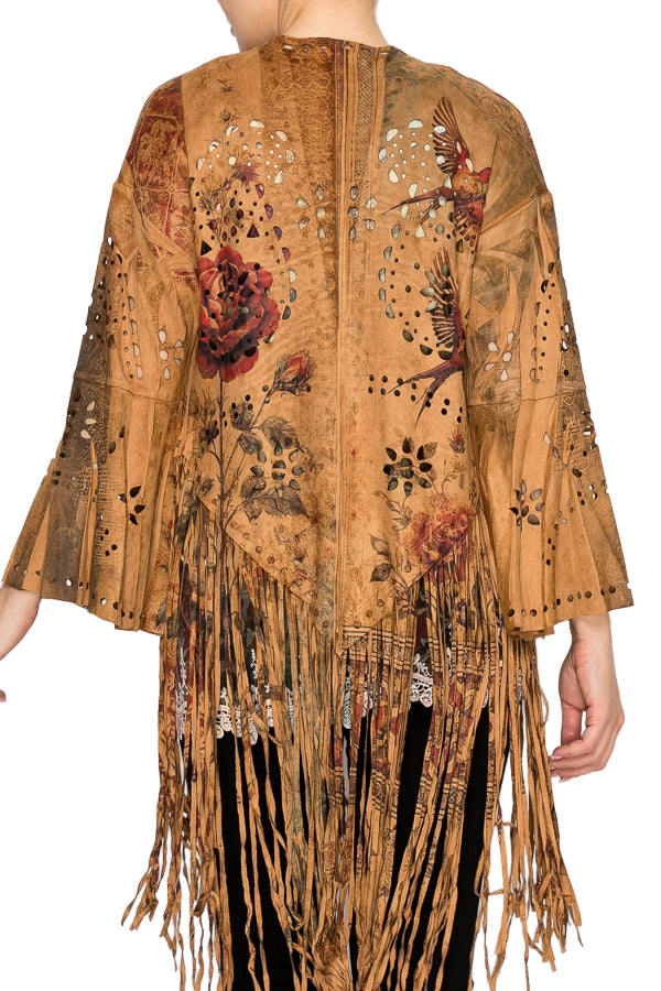 Vintage Bird Western-Inspired Laser-Cut Buttery Faux Suede with Fringe Trim - Ships Late September