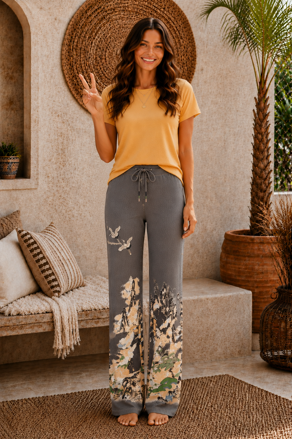 Crane Print Stretch Lounge Pant | Raw Hem | Bliss by Cori – Bliss