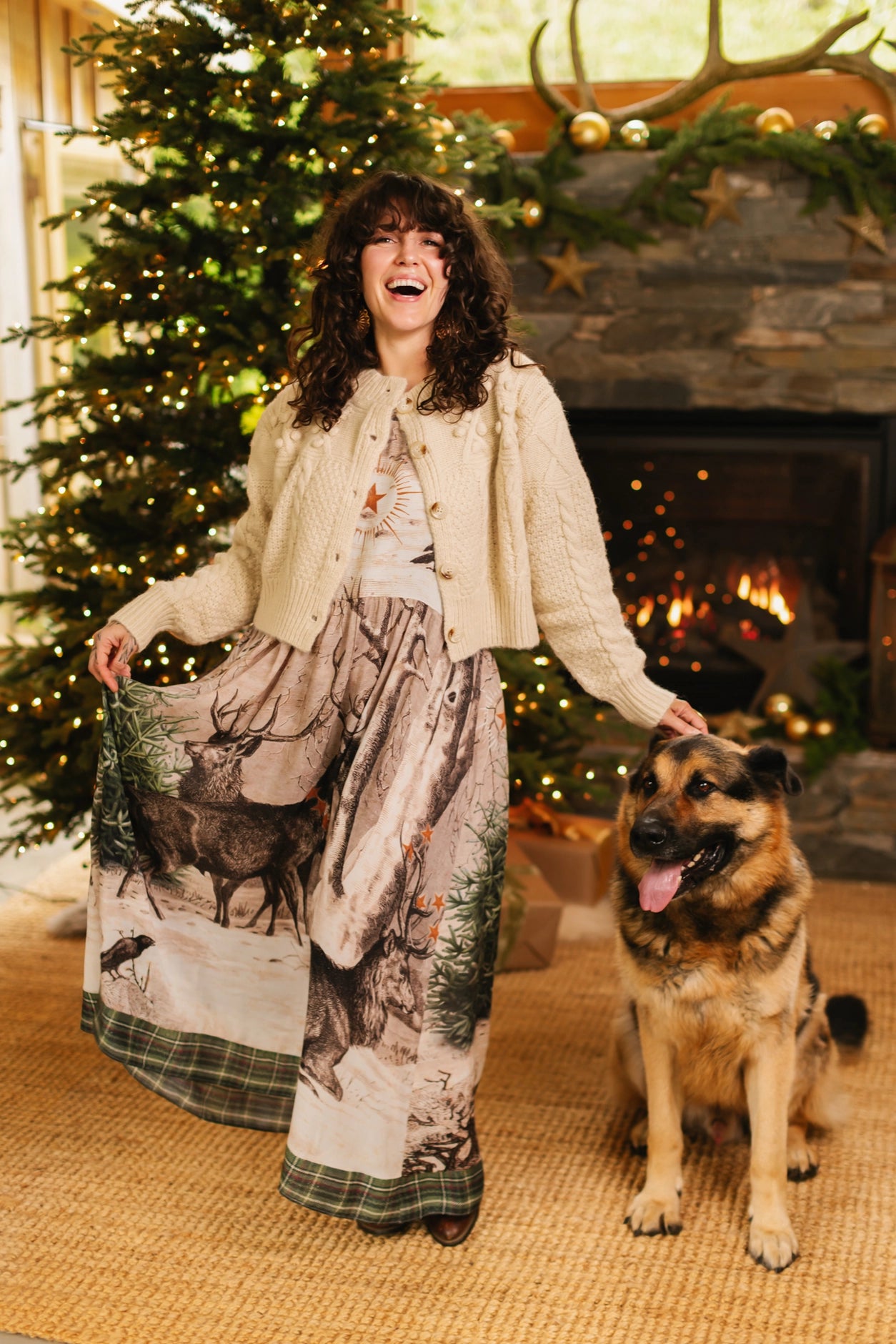 Winter Wish Bohéme Long Maxi Slip Dress w/ Christmas Deer - Pre-Order - Ships September 2025