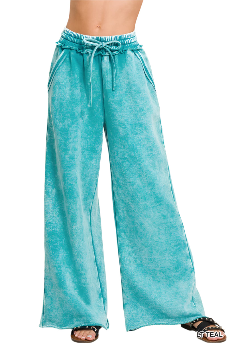 Acid Mineral Washed Fleece Palazzo Pants with Pockets