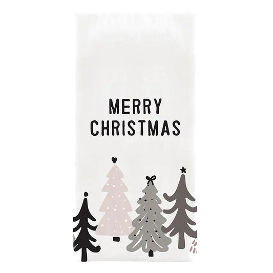 White cotton holiday tea towel with bold Merry Christmas text above four whimsical Christmas trees in black, blush and gray on white background – Bliss by Cori