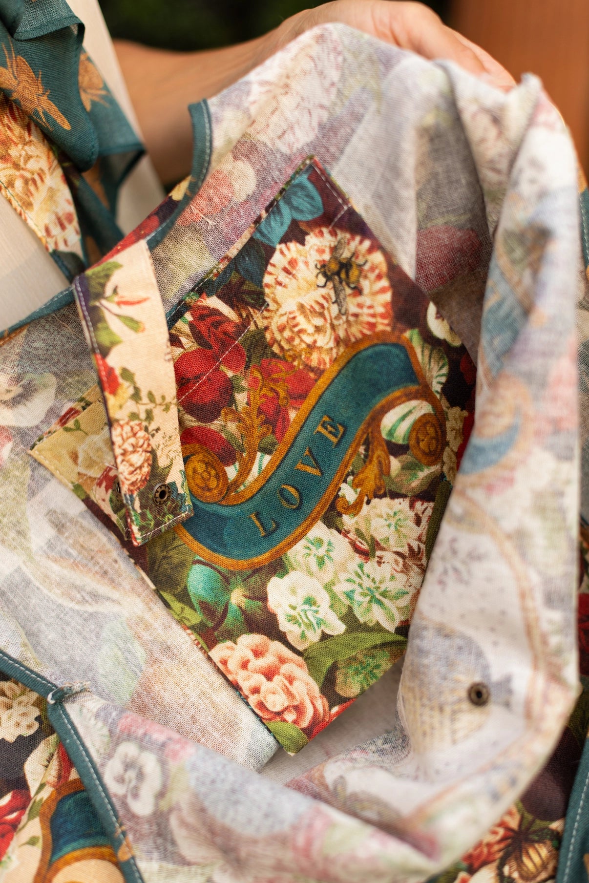 Stay Gold Boho Linen Tote Bag with Rabbits, Flowers & Bees