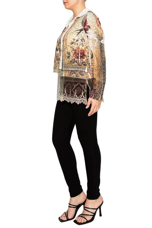 Vintage Bird Cropped Sequin Embellished Button Up Jacket - Ships Late September