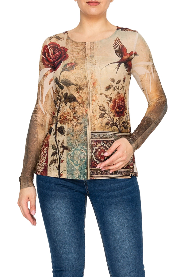 Vintage Bird Sheer Floral Lace Mesh Long Sleeve Top - Ships Late September