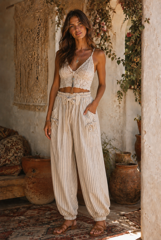 Bow Detail Stripe Textured Woven Pants *Pre Order* Ships in August 2026