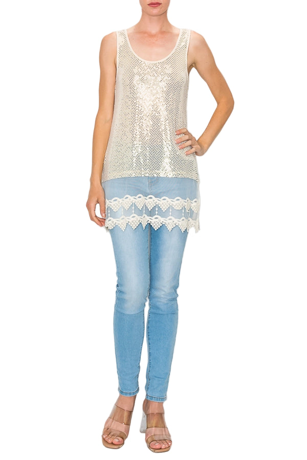 Sparkly Beige Sequins Tank Top with Lace Layer - Ships Late September