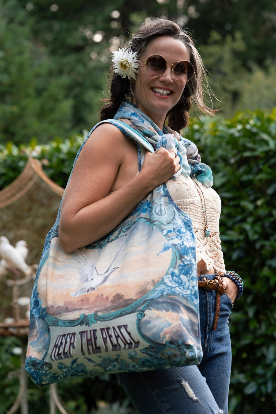 Peace Out Turquoise Linen Tote Bag with Doves and Sunrise - Preorder - Ships in April