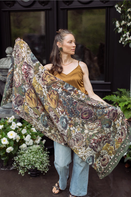 Love Grows Wild Floral Bamboo Scarf with Bees Pre-Order Ship Aug 30th
