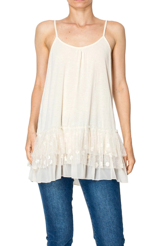 Adjustable Relaxed Cami Tank with Layered Ruffled Trim - Ships Late September