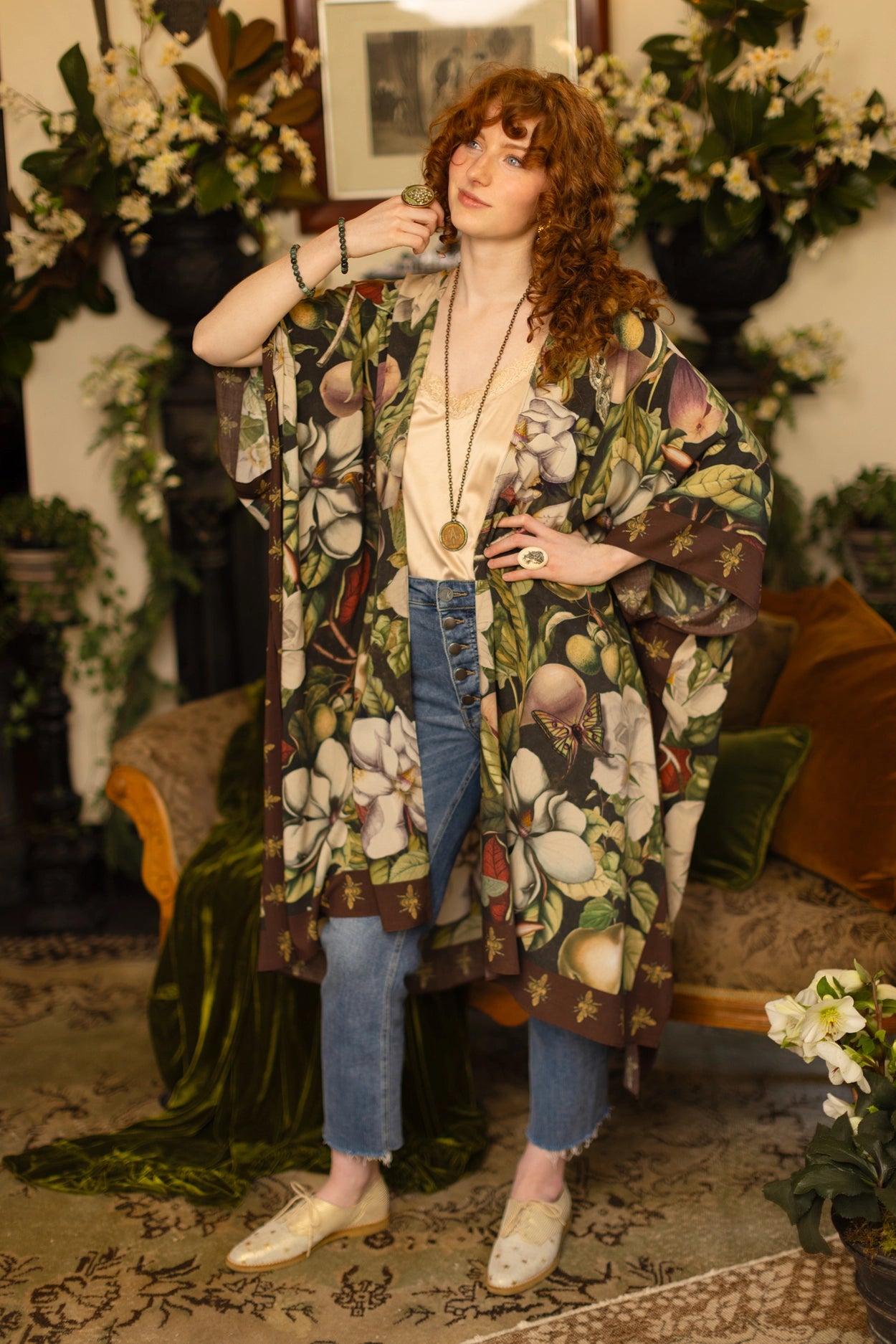 Fleur De Lune Goddess Starduster Kimono w/ Florals & Bees- Pre-Order - Ships In September