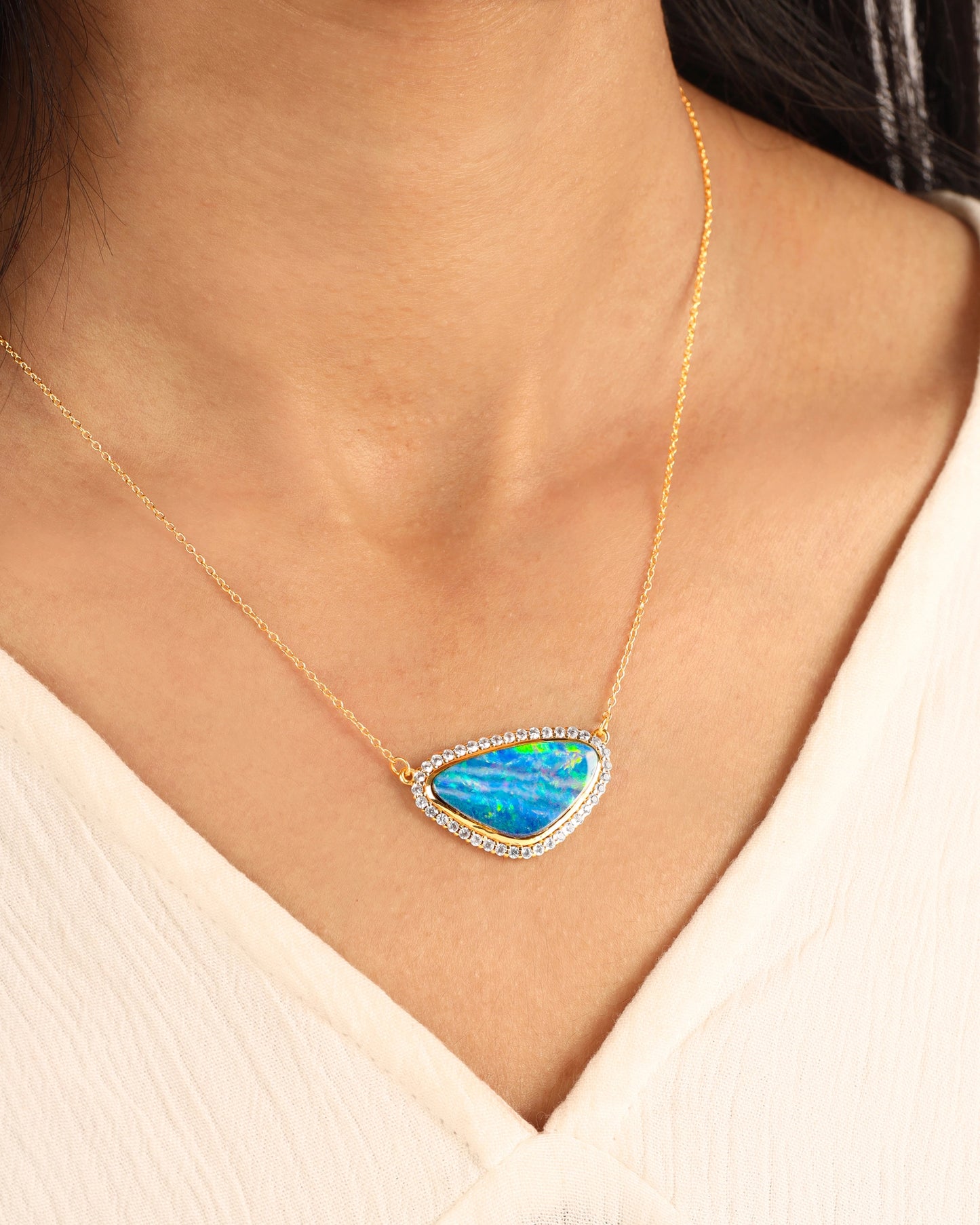 Untreated Australian Opal And Diamond Halo Necklace Only 1 Available