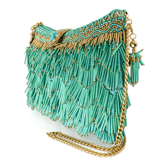 Mary Frances - Shimmy, Turquoise Fringe Beaded Crossbody Handbag