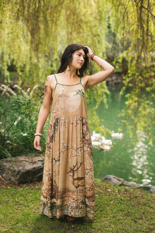 Fable Bohéme Long Maxi Slip Dress With Blossoms, Deer & Moon