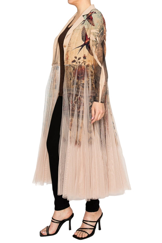 Vintage Bird Chic Contrast Longline Blazer Jacket with Mesh Tulle Panel - Ships Late September