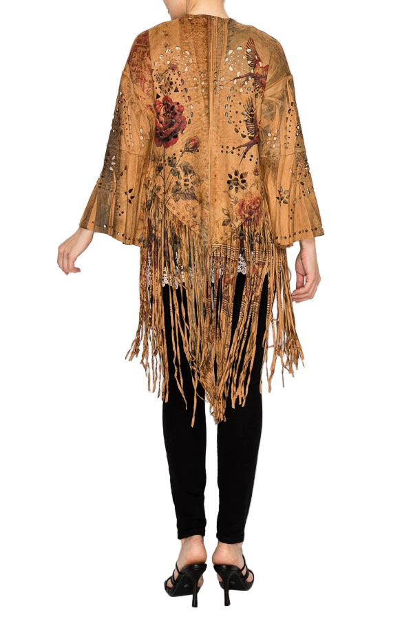 Vintage Bird Western-Inspired Laser-Cut Buttery Faux Suede with Fringe Trim - Ships Late September