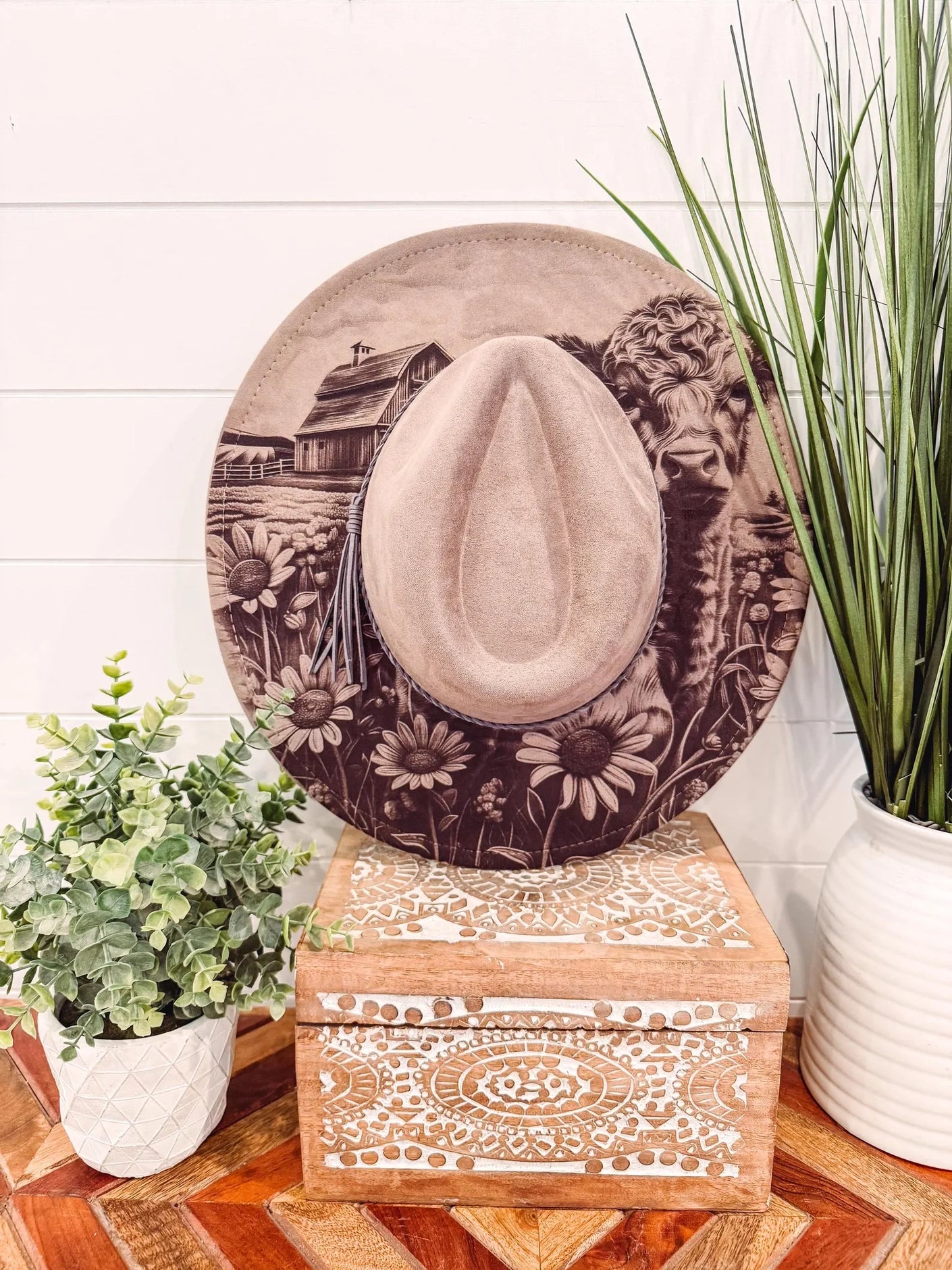 Engraved Highland Cow Hat, Floral Engraved Cowboy Hat, Sunflower Hat, Sunflower Burned Fedora, Engraved Suede Hat, Boho Hat, Vegan Suede (Copy)