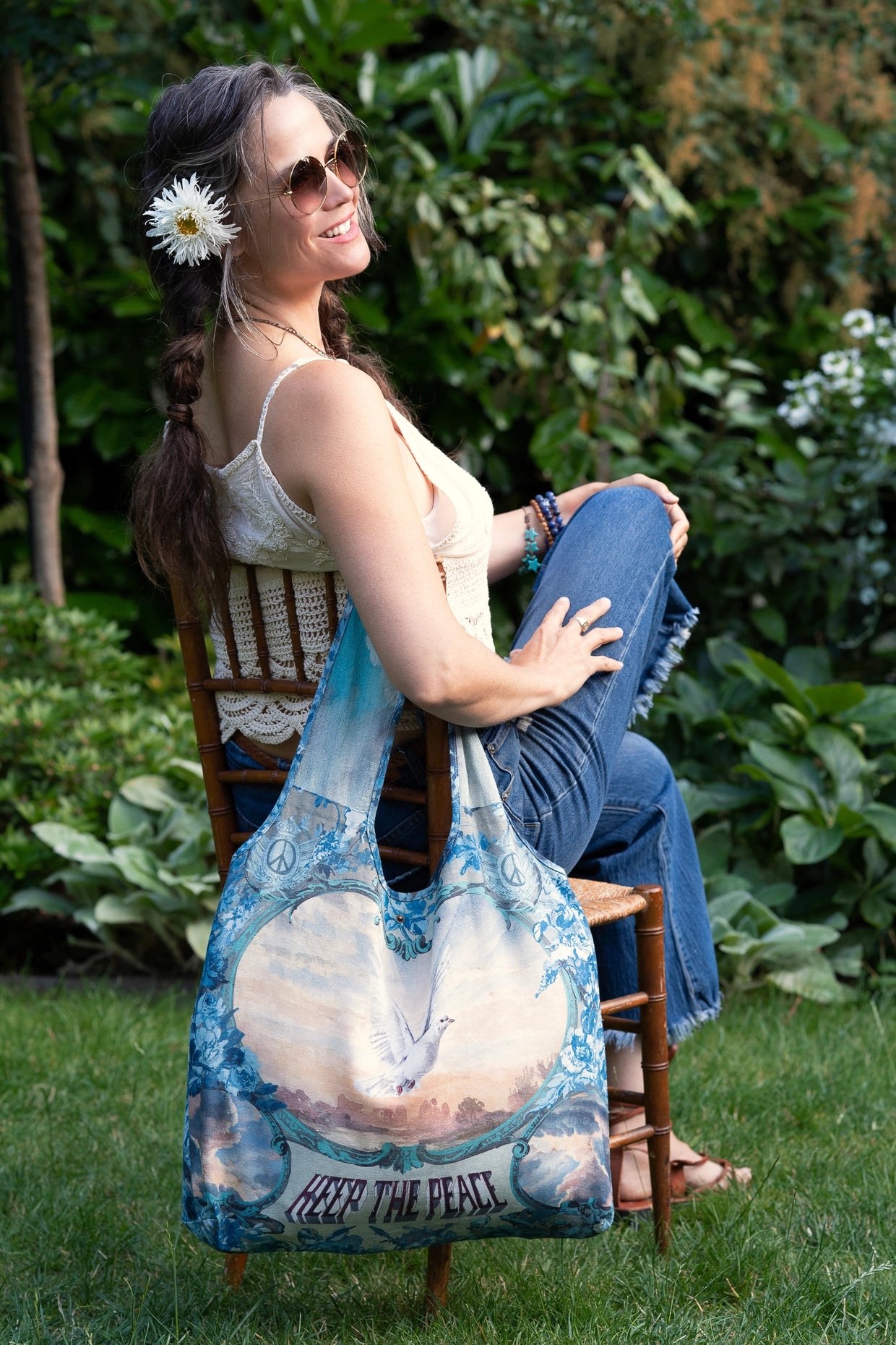 Peace Out Turquoise Linen Tote Bag with Doves and Sunrise - Preorder - Ships in April
