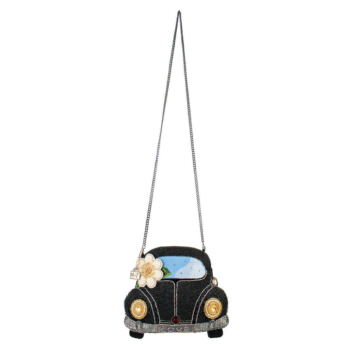 Mary Frances - On the Road Black Car White Flower Beaded Crossbody Handbag