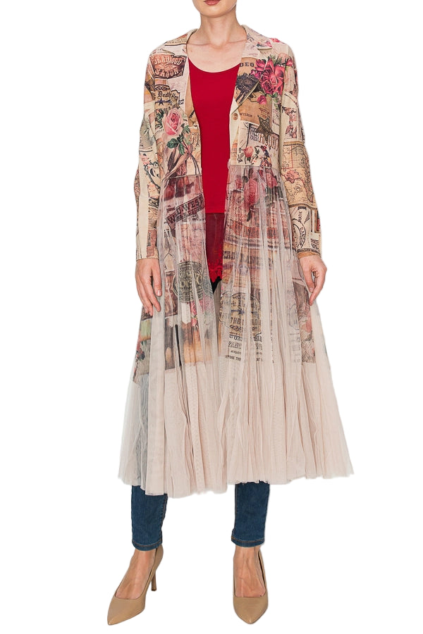 Rose West Chic Contrast Longline Blazer Jacket with Mesh Tulle Panel - Ships Late September