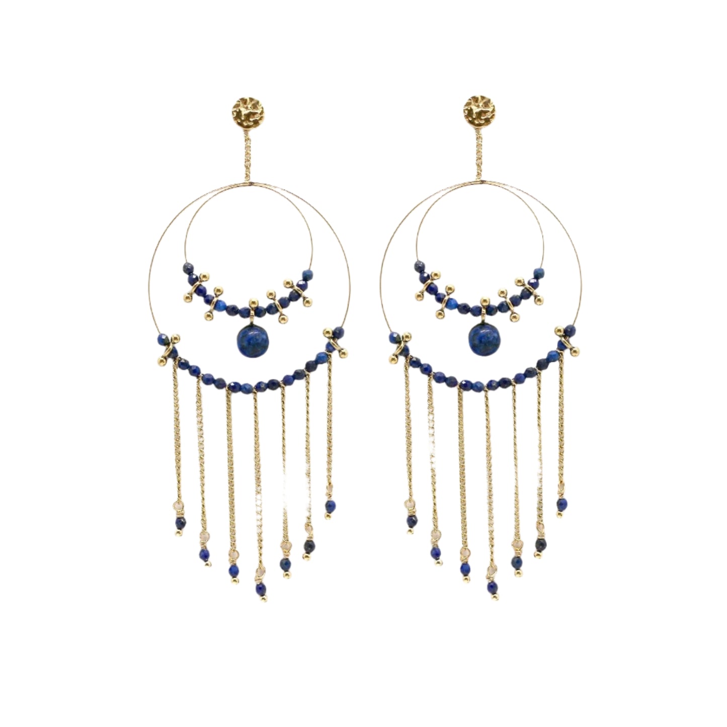 Unique Double Hoop Lapis Stone Metal Fringe Dangle Earrings