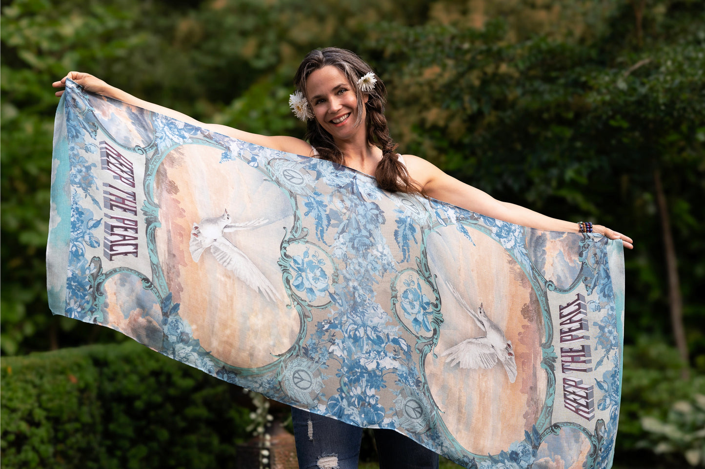 Peace Out Cropped Boho Bamboo Scarf with Doves and Sunrise - Preorder - Ships in April